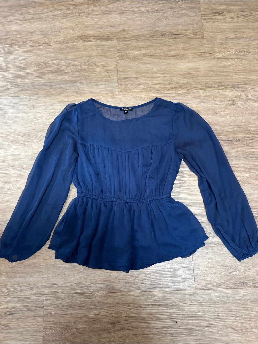 VENUS Navy Peplum Long-Sleeve Blouse